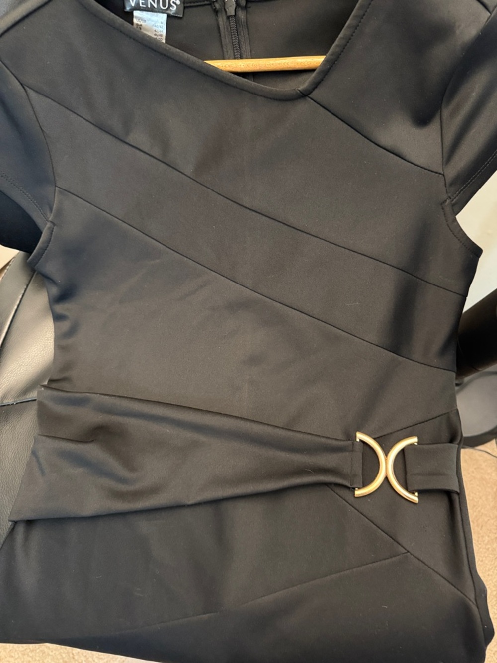 VENUS Black Midi Sheath Business Dress with Gold Buckle